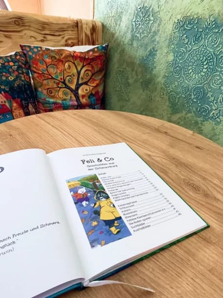 Aufgeschlagenes Buch auf einem Holztisch: Inhaltsverzeichnis mit Illustration