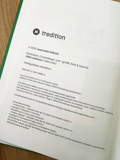 Impressumseite von tredition mit den Credits für Illustration, Coverdesign, Satz und Layout von Vikki Lukianov