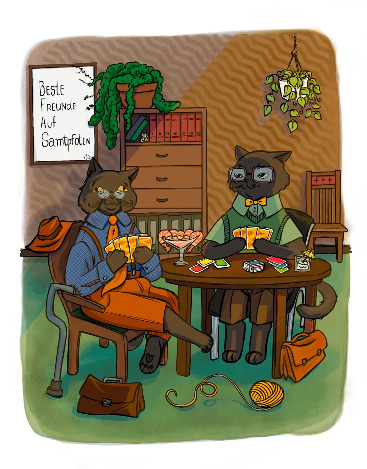 Farbige Illustration: Joe und Suri spielen am runden Tisch Karten, an der Wand ein Schild „Beste Freunde auf Samtpfoten“