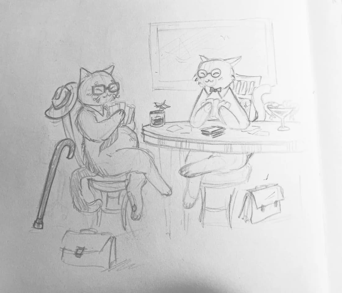 Bleistiftskizze: zwei ältere Katzen mit Brille sitzen am Tisch, daneben ein Gehstock