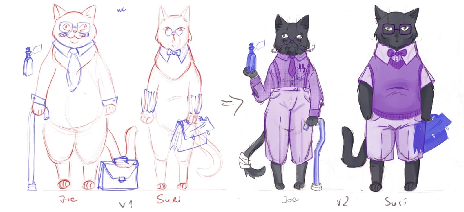 Figurenstudien von Joe und Suri, Version 1 hell in Rot und Blau, Version 2 schwarz mit lila Kleidung