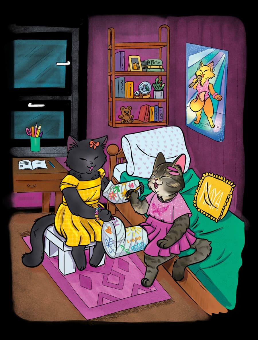 Zwei Katzen in Kleidern packen in einem rosa Kinderzimmer ein Geschenk aus