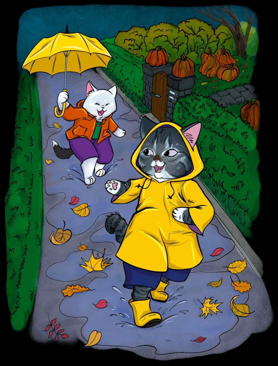 Zwei Katzen in Regenkleidung springen durch Herbstpfützen