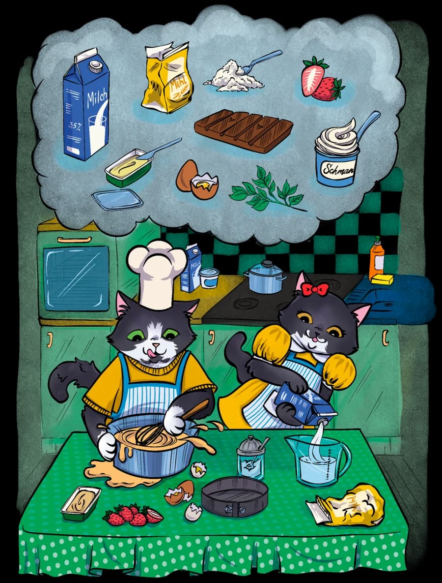 Zwei Katzen backen in der Küche, darüber eine Wolke mit Zutaten
