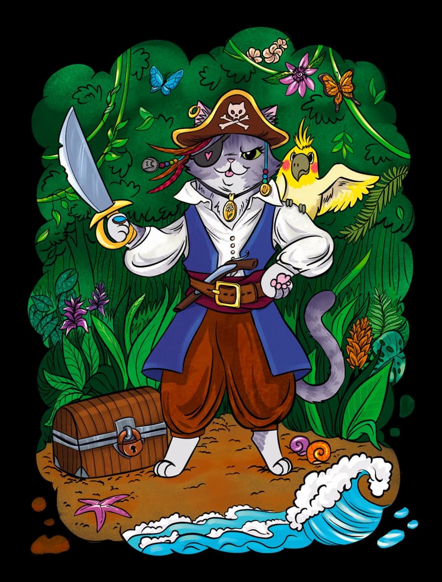 Eine Piratenkatze mit Säbel und Papagei am Strand vor einer Schatzkiste
