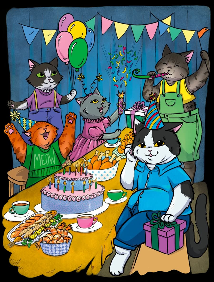 Katzen feiern Geburtstag mit Torte, Luftballons und Girlanden