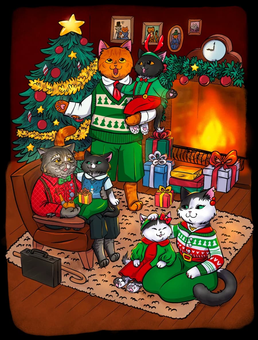 Eine Katzenfamilie am Weihnachtsbaum vor dem Kamin