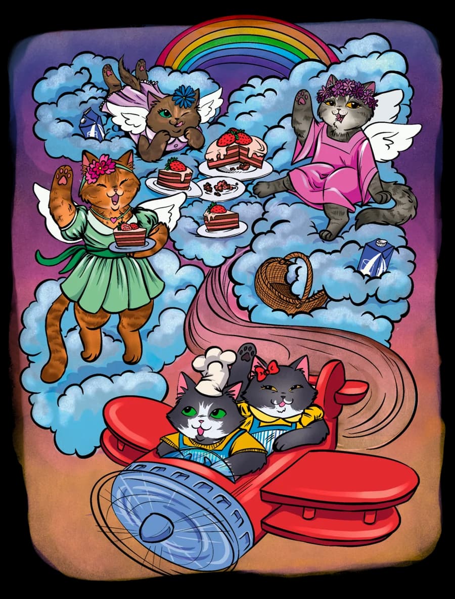 Katzen mit Engelsflügeln essen Kuchen auf Wolken, zwei fliegen im roten Flugzeug