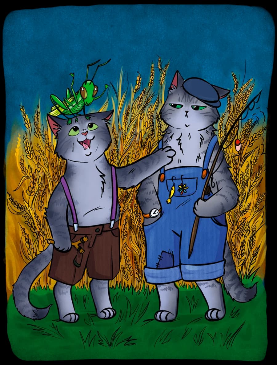 Zwei Katzen in Latzhosen im Kornfeld, auf dem Kopf der einen sitzt eine Heuschrecke