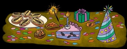 Vignette: Partytisch mit Fischbrötchen, Torte, Konfetti und Partyhut