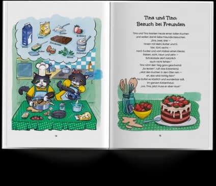 Aufgeschlagenes Buch: links zwei Katzen beim Backen, rechts das Gedicht „Tina und Tino, Besuch bei Freunden“ mit Torte