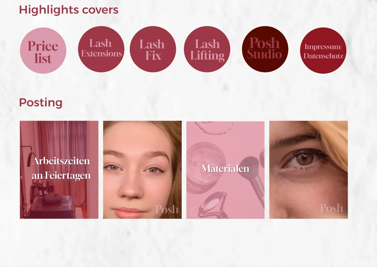Instagram-Highlight-Cover für Preisliste, Lash Extensions, Lash Fix, Lash Lifting und Studio sowie Beispiel-Posts