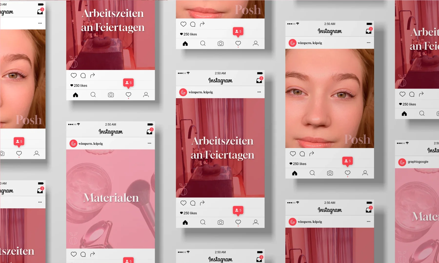 Mockups mehrerer Instagram-Beiträge mit Posts zu Öffnungszeiten und Materialien