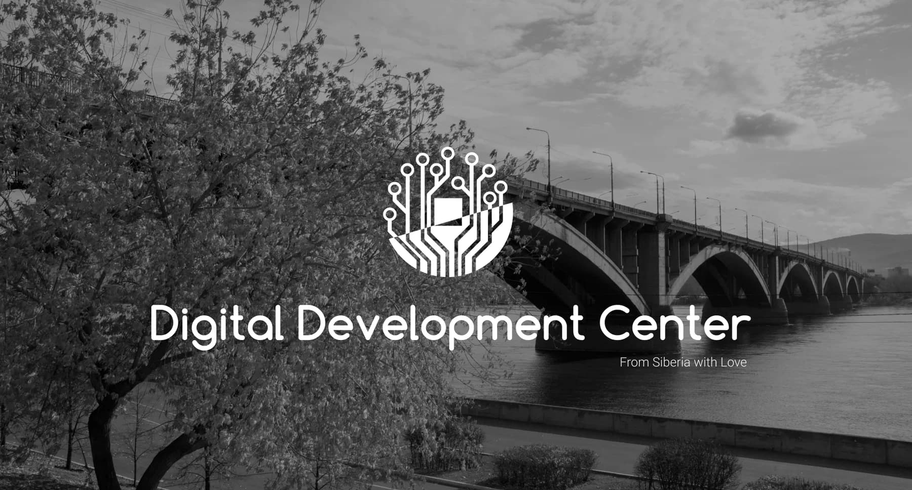 Schwarz-weiße Brücke über einen Fluss, darüber das Logo Digital Development Center
