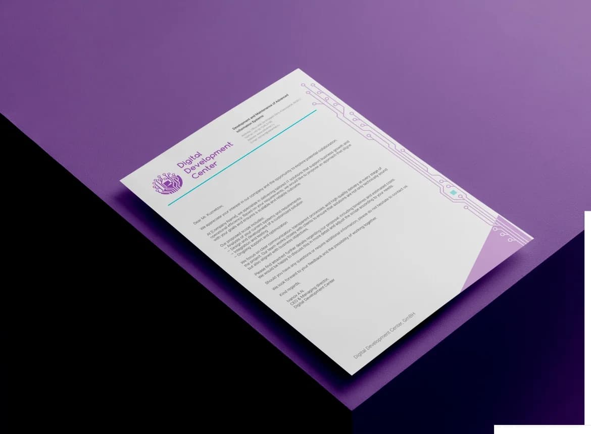 Briefbogen mit Logo und Leiterbahn-Grafik auf violettem Grund