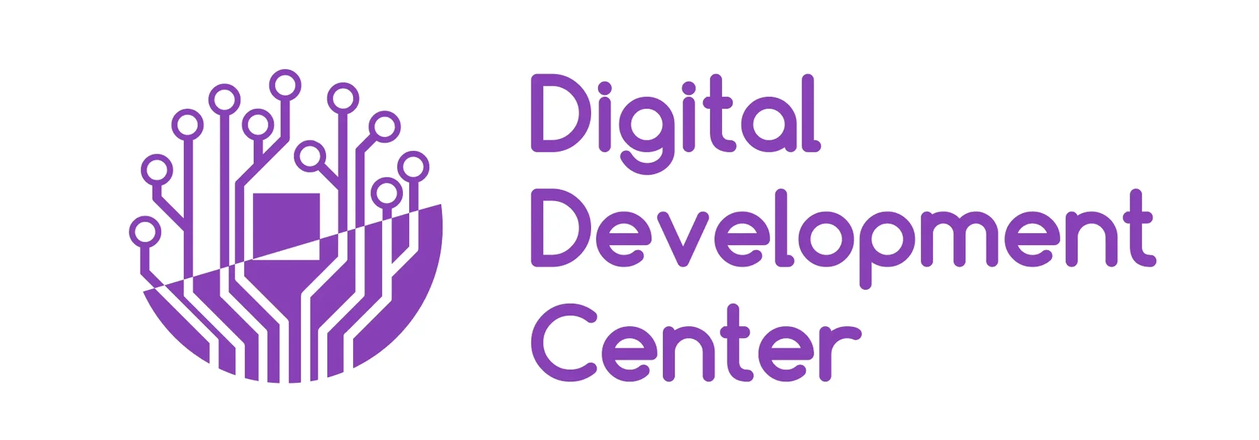 Logo Digital Development Center: violette Bildmarke aus Leiterbahnen mit Wortmarke in drei Zeilen