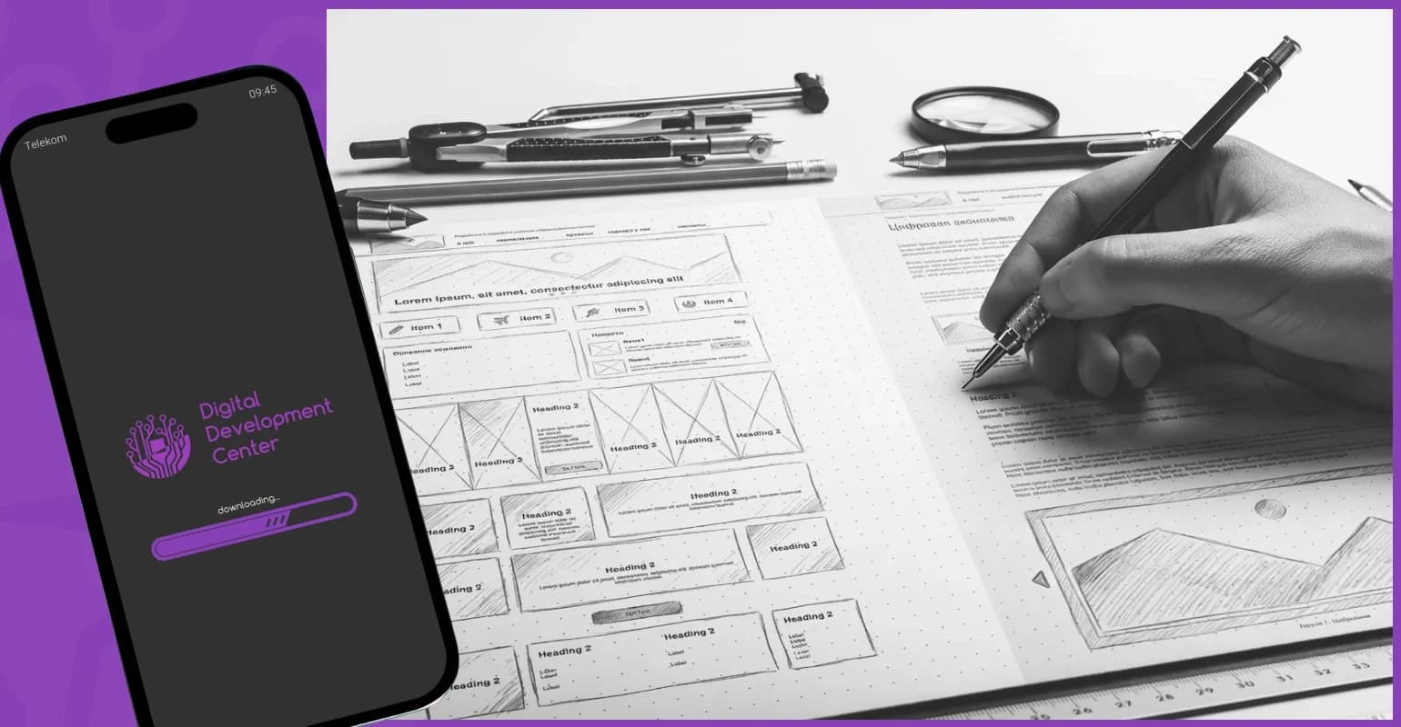 Smartphone mit Ladebildschirm neben handgezeichneten Wireframes der Website