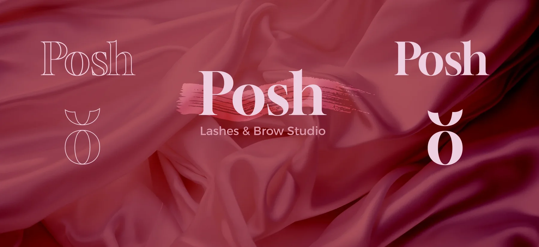 Posh-Logo in drei Varianten und die Bildmarke auf rotem Samt