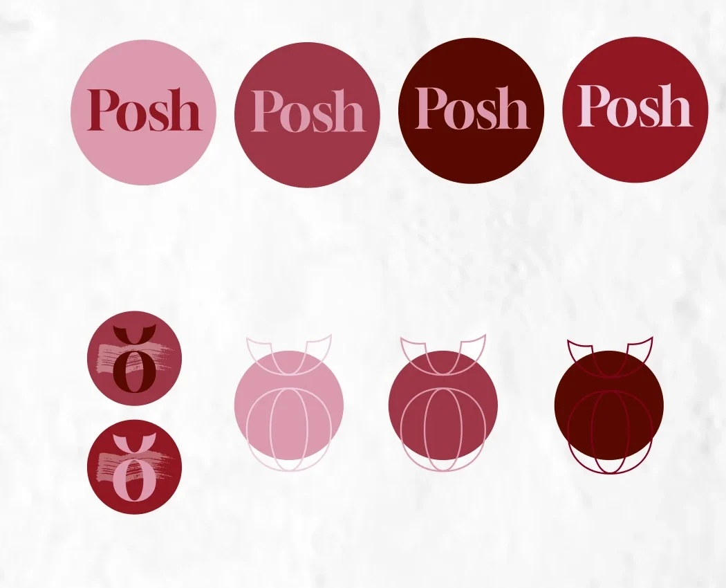 Das Posh-Logo in runden Flächen aller Palettentöne, darunter Bildmarken
